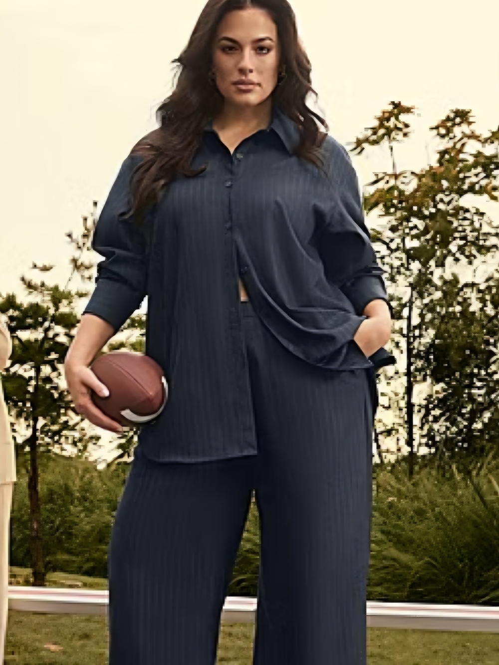Ashley Graham Women's Navy Pinstripe Button-Up Top Sz 2x